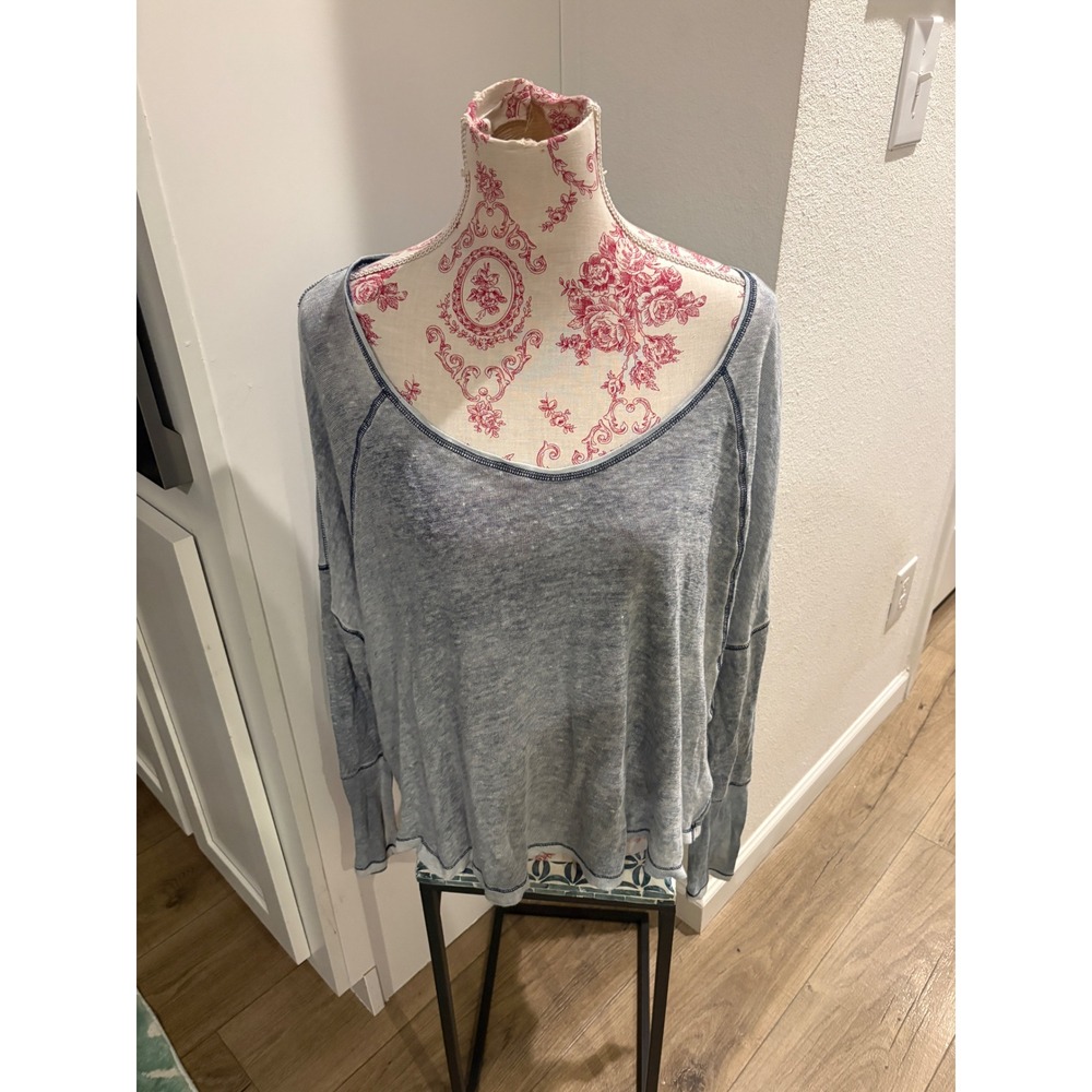 We The Free Free People Blue Linen Blend Long Sleeve Scoop Neck Top Small